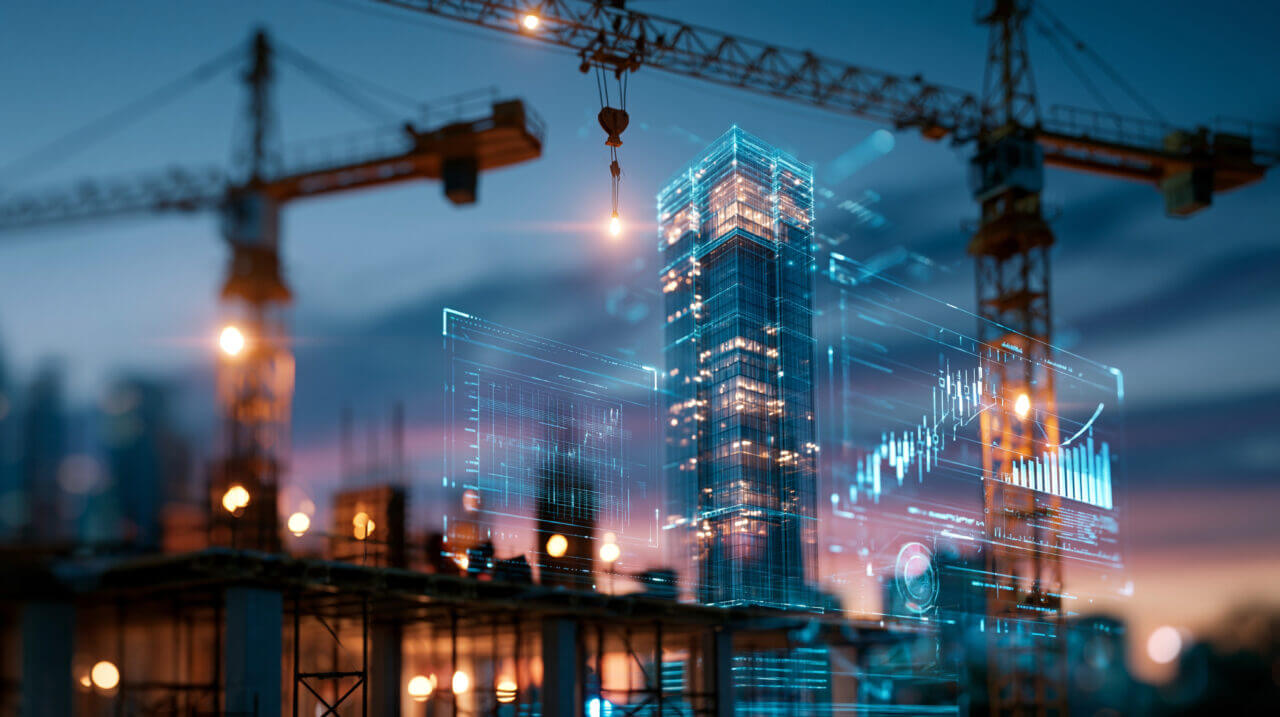 Construction project digital twin concept showing two large cranes framing a glowing holographic skyscraper rendering against a twilight sky, data charts and technical overlays integrated