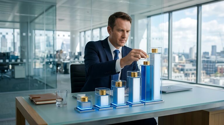 Businessman Growing Wealth with Futuristic Financial Chart