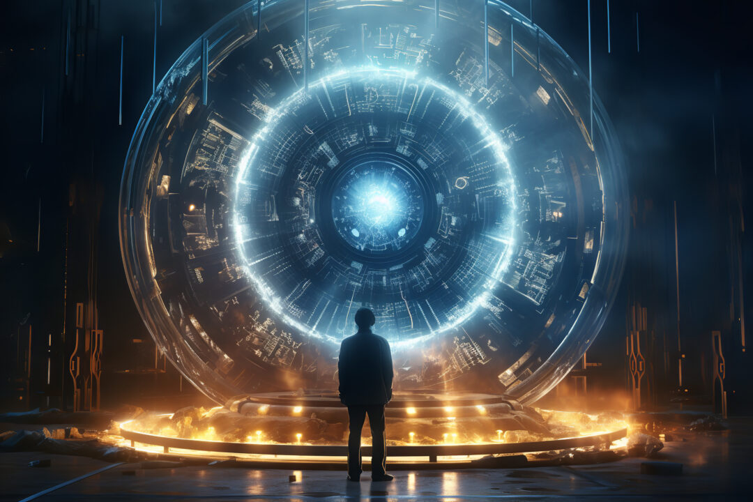 An image inspired by a sci-fi movie scene, showcasing a futuristic quantum teleportation device, reflecting an imaginative and speculative interpretation of quantum mechanics