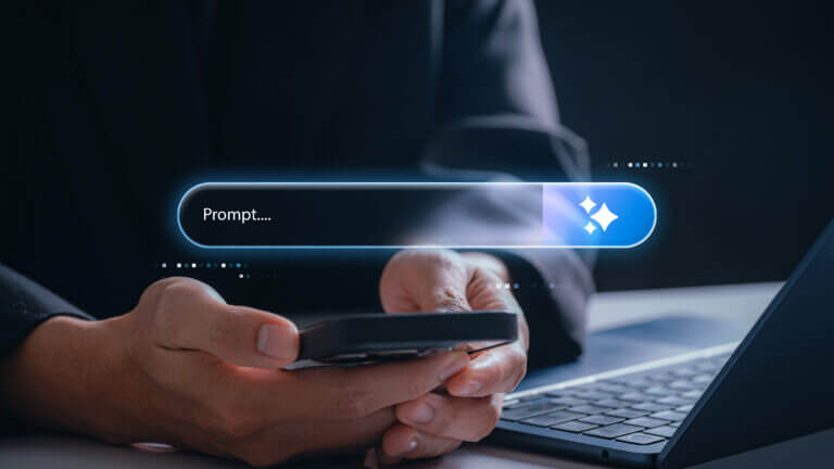 generative ai prompt interaction. businessman using smartphone with futuristic ai prompt search bar interface. concept of artificial intelligence, chatbot query and digital assistant technology