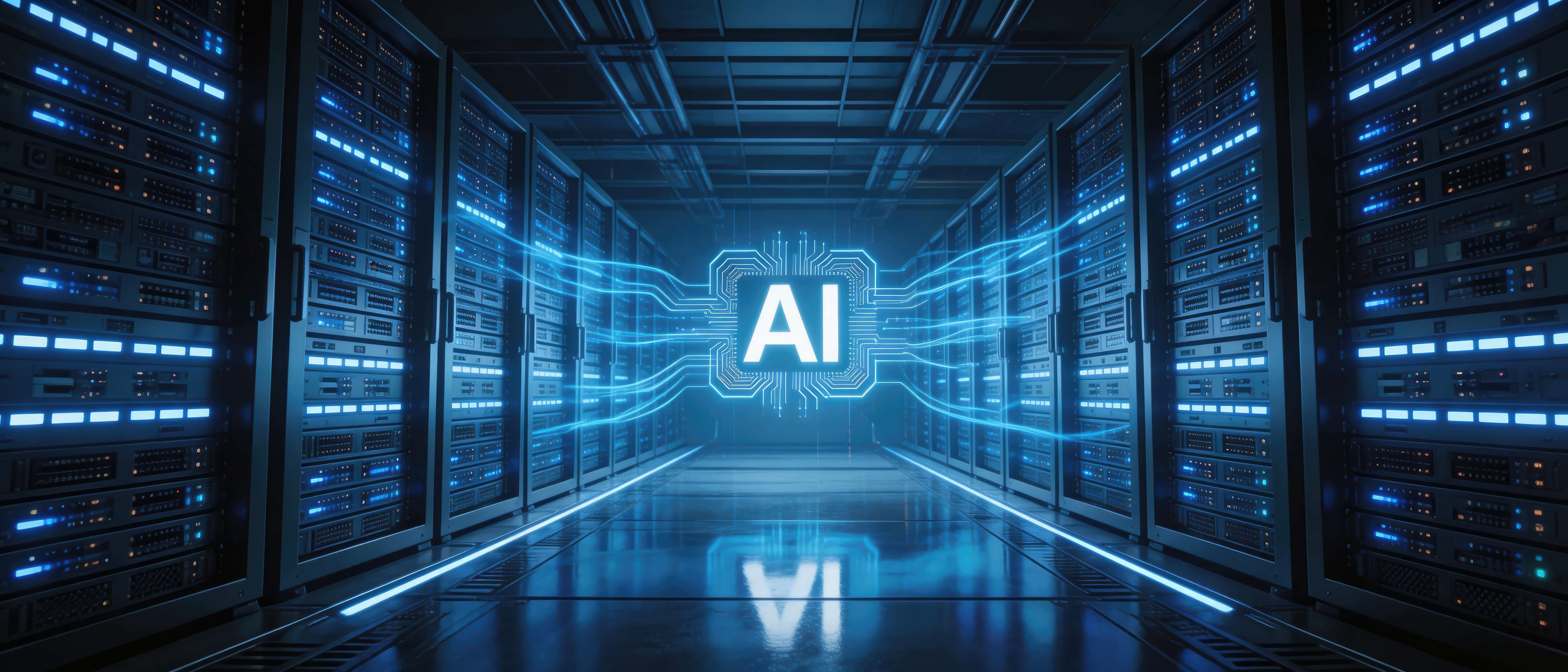 AI processor chip in modern data center server corridor with glowing digital data connections, idea for artificial intelligence computing, cloud technology and big data infrastructure