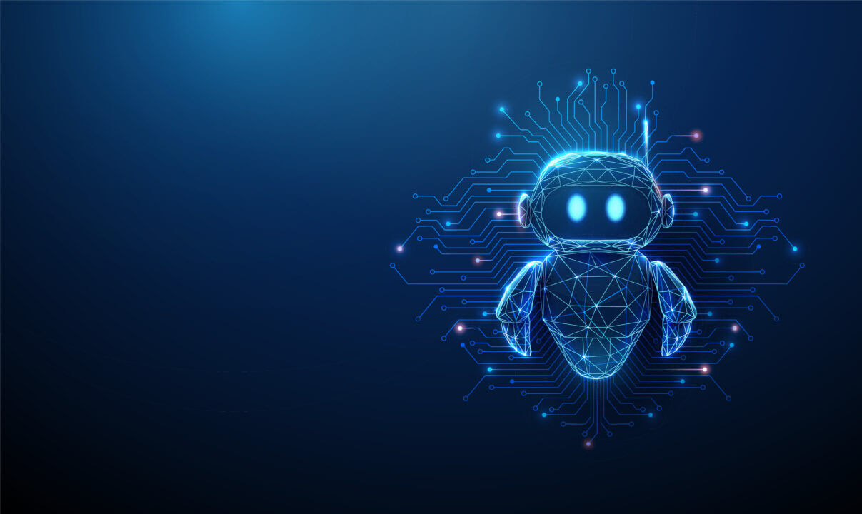 3d cute robot with microchip circuit lines. Intelligent system architecture, neural network structure, machine learning processes, smart technology integration concept.