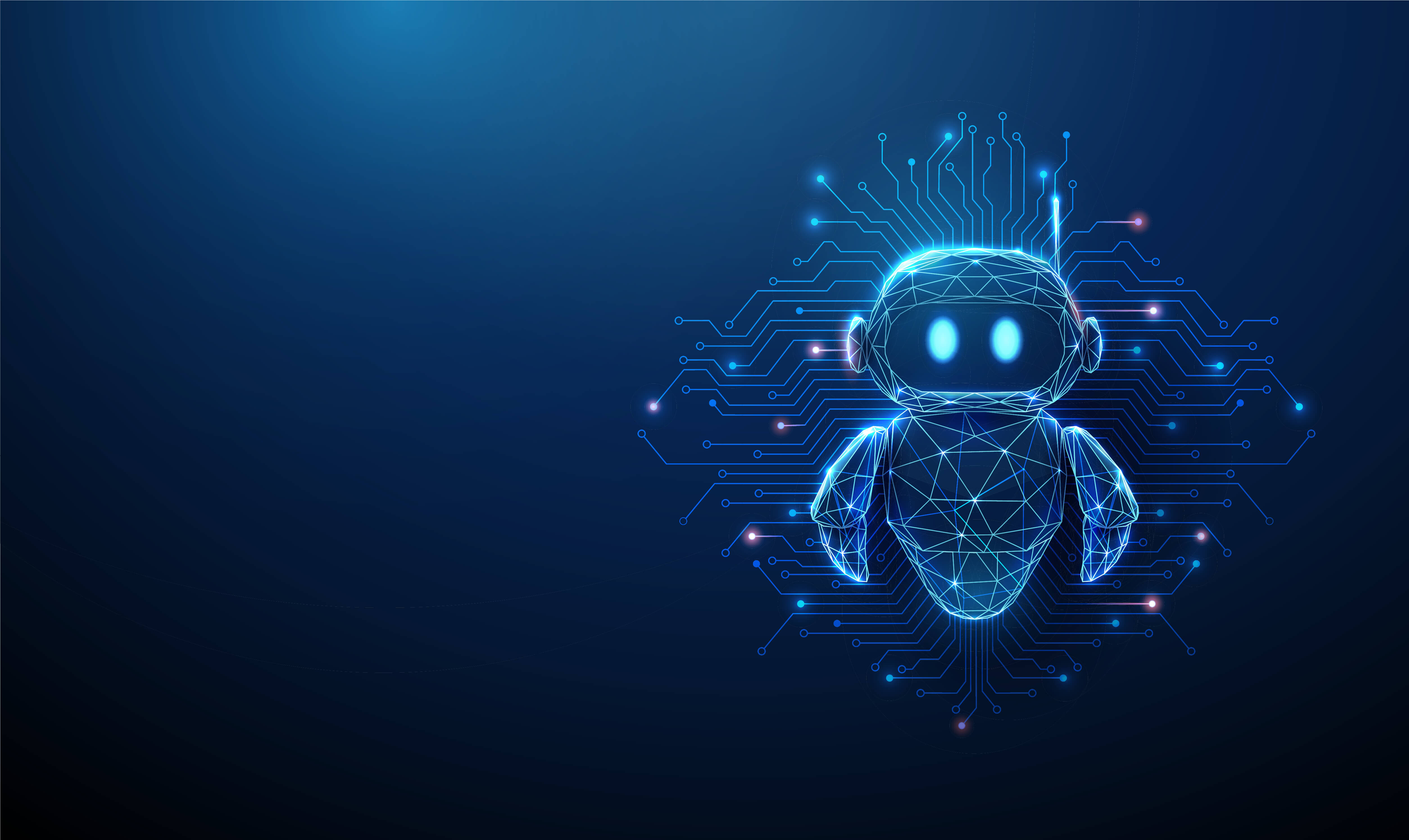 3d cute robot with microchip circuit lines. Intelligent system architecture, neural network structure, machine learning processes, smart technology integration concept.