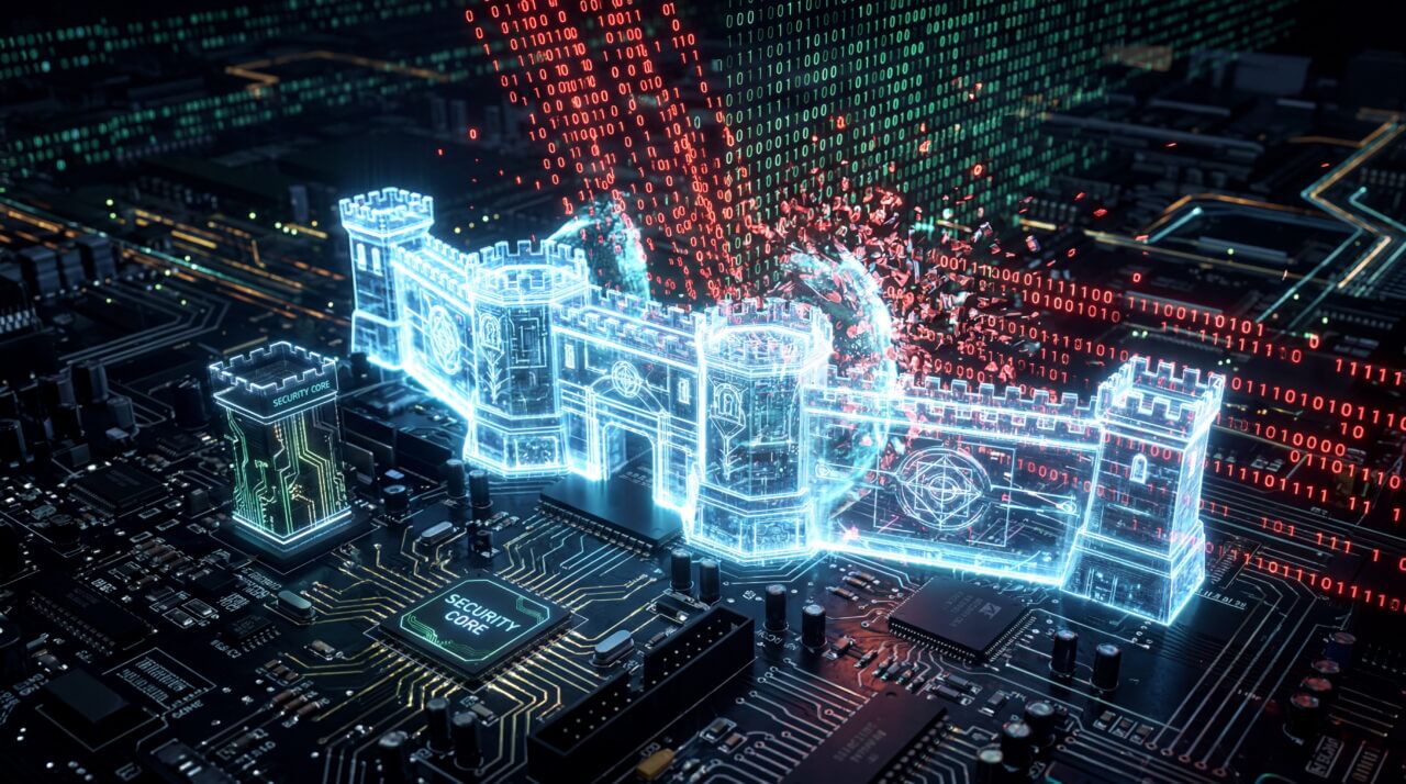 Holographic glowing castle wall erected on dark circuit board blocking flood of cyber attacks firewalls