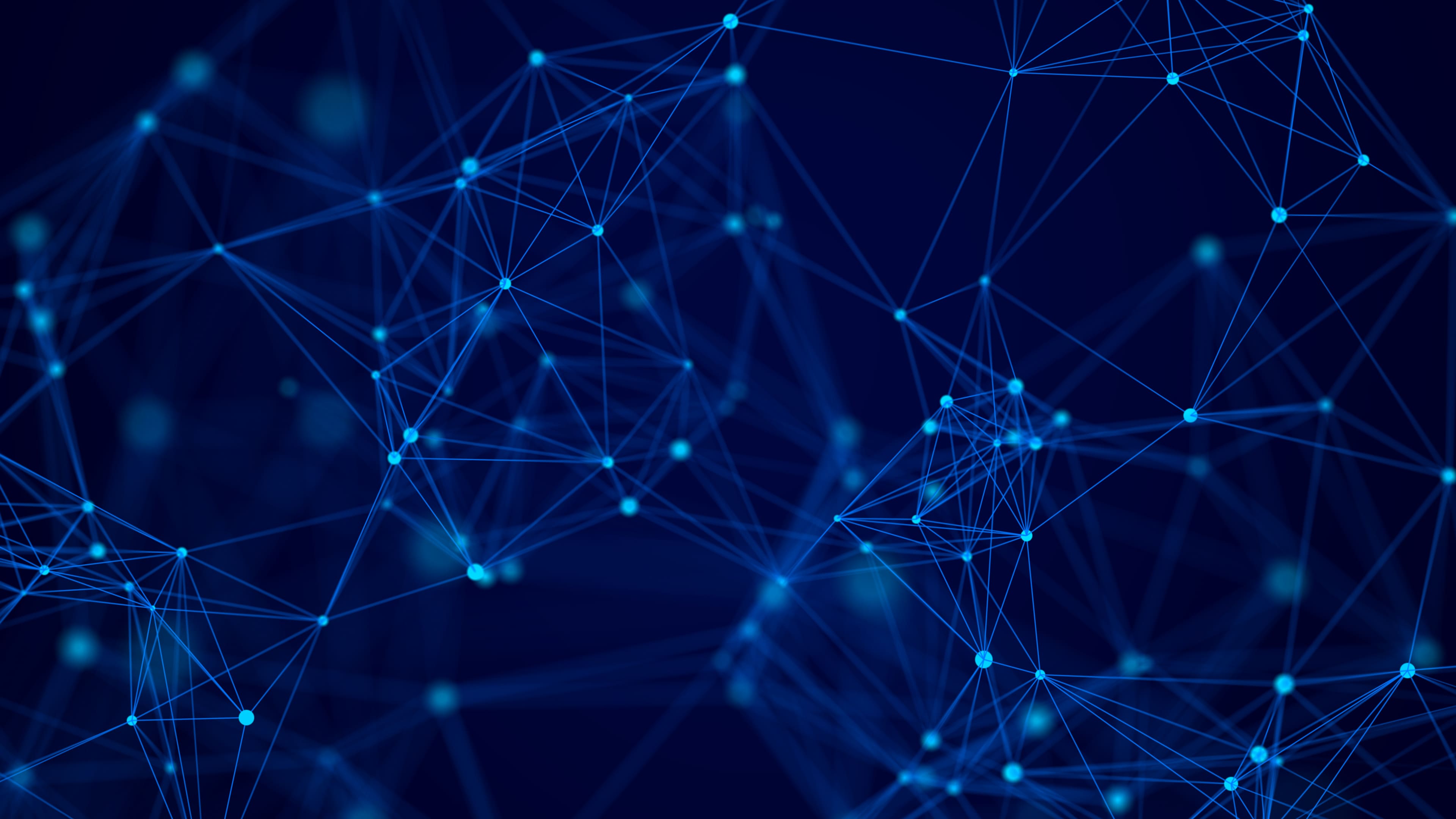 Abstract blue digital network background with glowing nodes and connecting lines, polygonal mesh and bokeh on dark gradient. Technology, internet communication, data transfer concept.