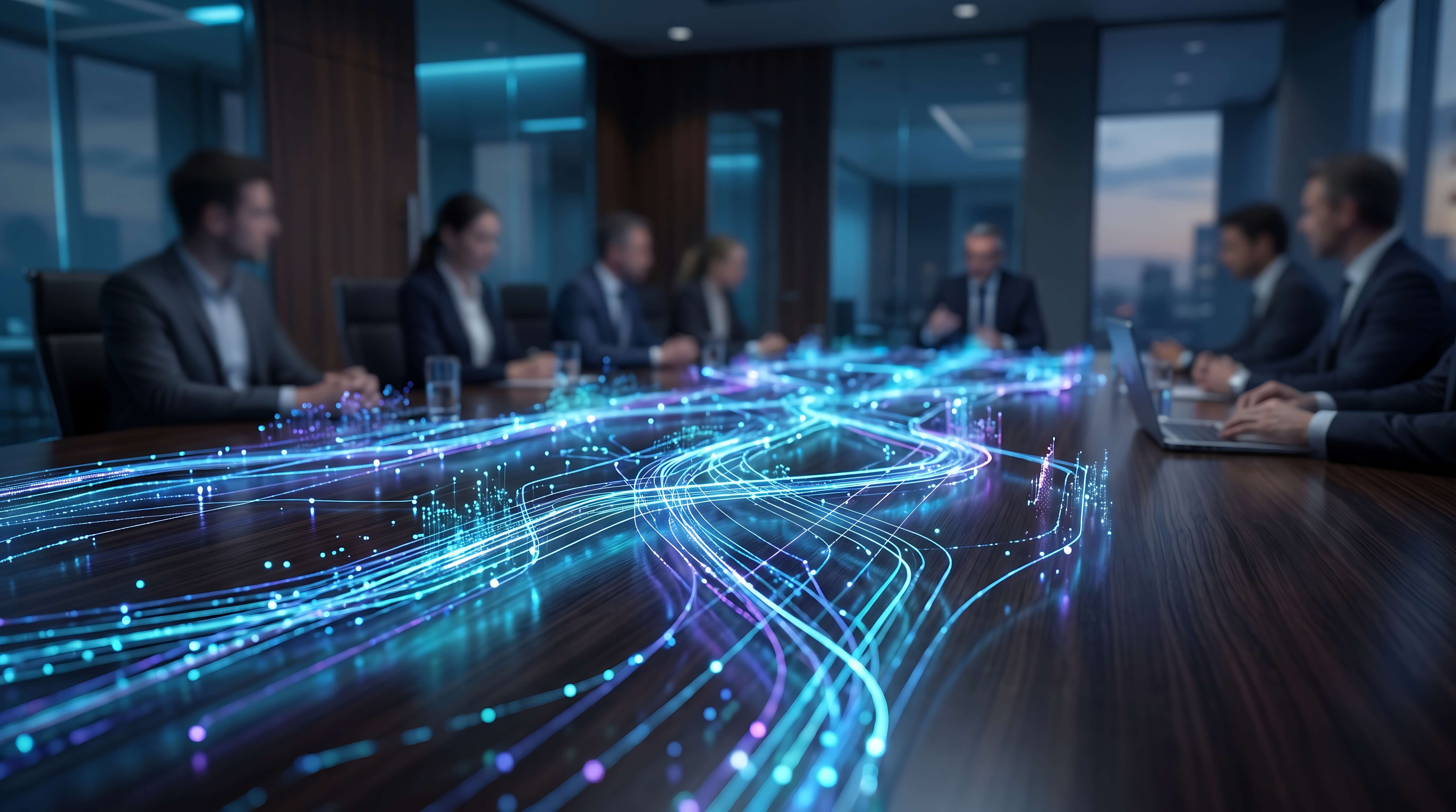 Business team in modern boardroom engaging with glowing digital data streams on table surface representing advanced technology and collaborative data-driven corporate strategy execution