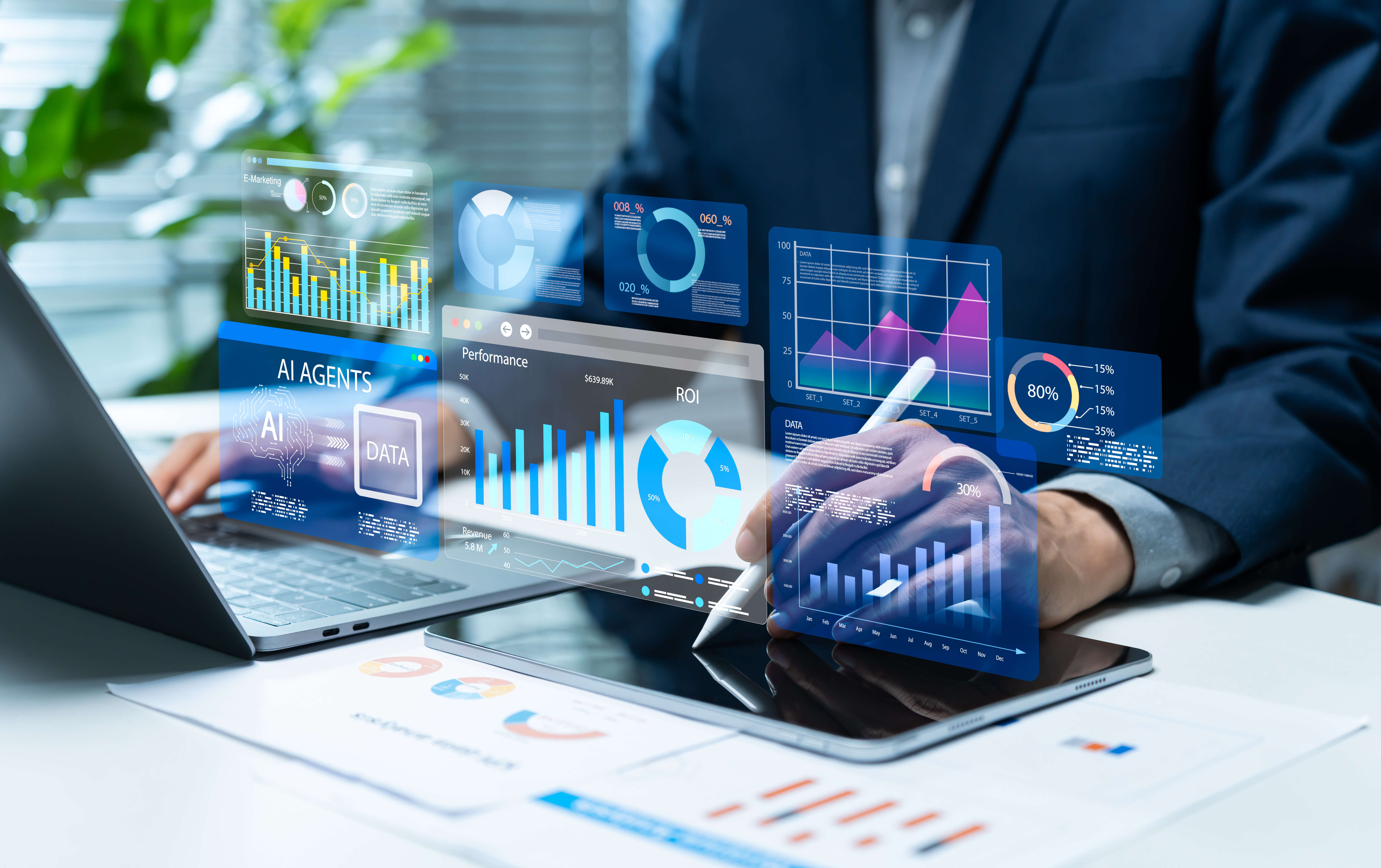 Business professional analyzes AI agents and digital marketing data dashboards, using performance metrics, ROI charts, predictive analytics, automation, and insights for data driven business growth.