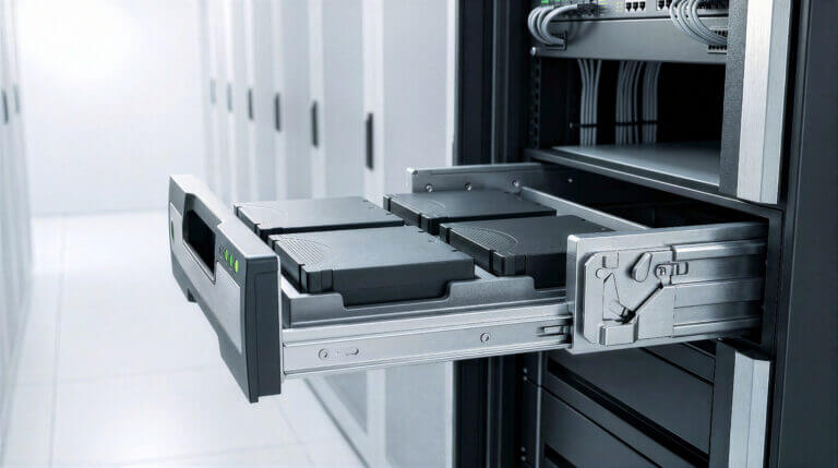 Extended motorized server drawer with four black removable offline backup storage cartridges. High security data center rack cabinet with open pullout storage tray in modern server room corridor