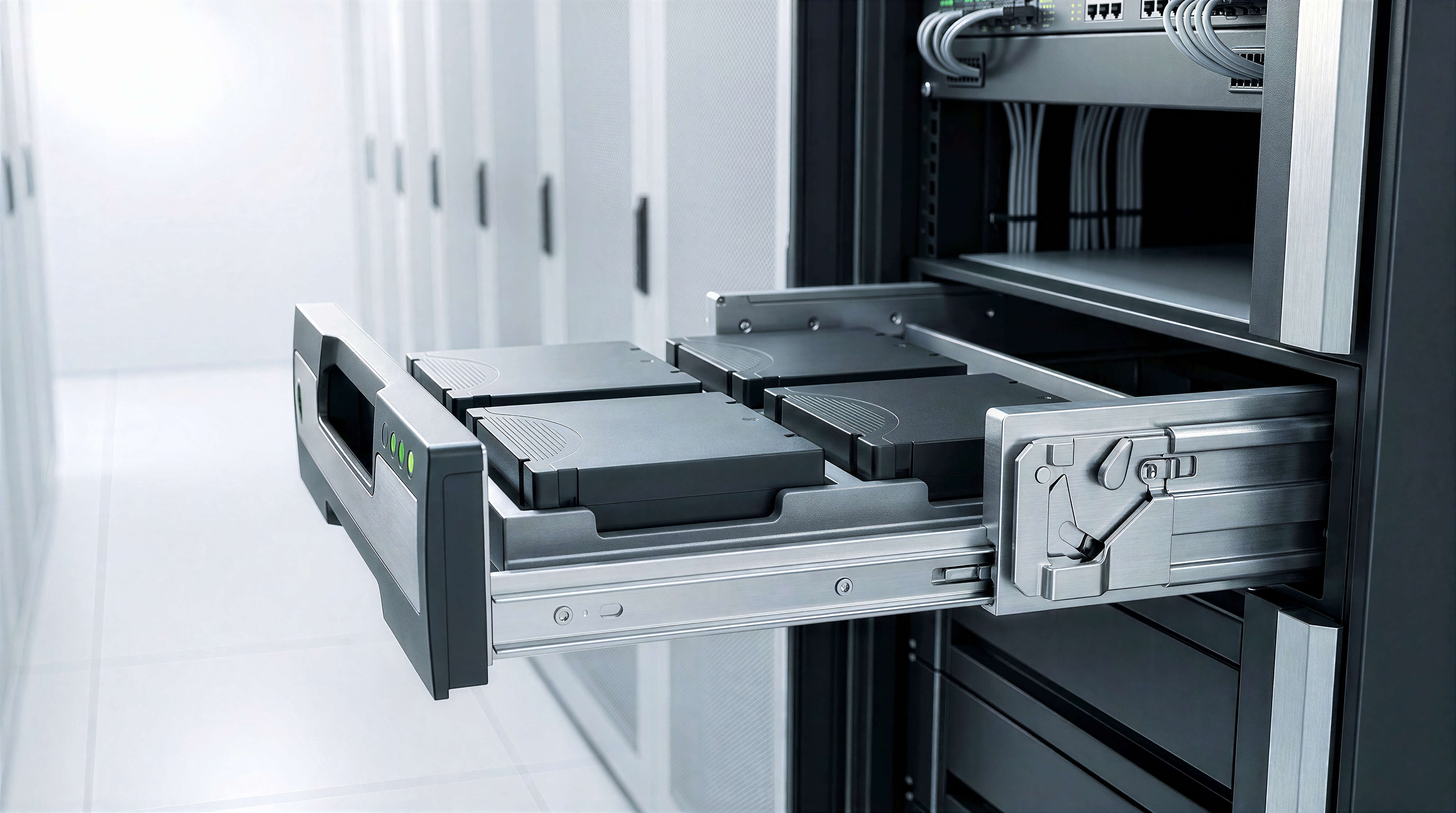 Extended motorized server drawer with four black removable offline backup storage cartridges. High security data center rack cabinet with open pullout storage tray in modern server room corridor