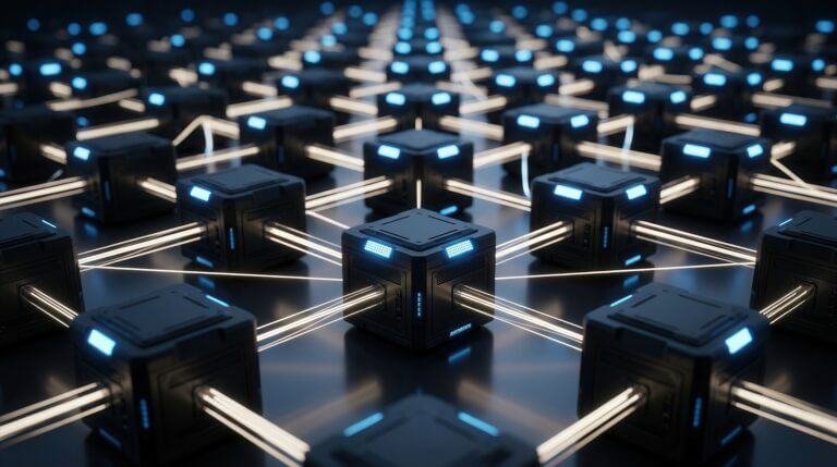 A networked node grid featuring illuminated connectors to symbolize an autonomous decision-making system and distributed AI coordination.