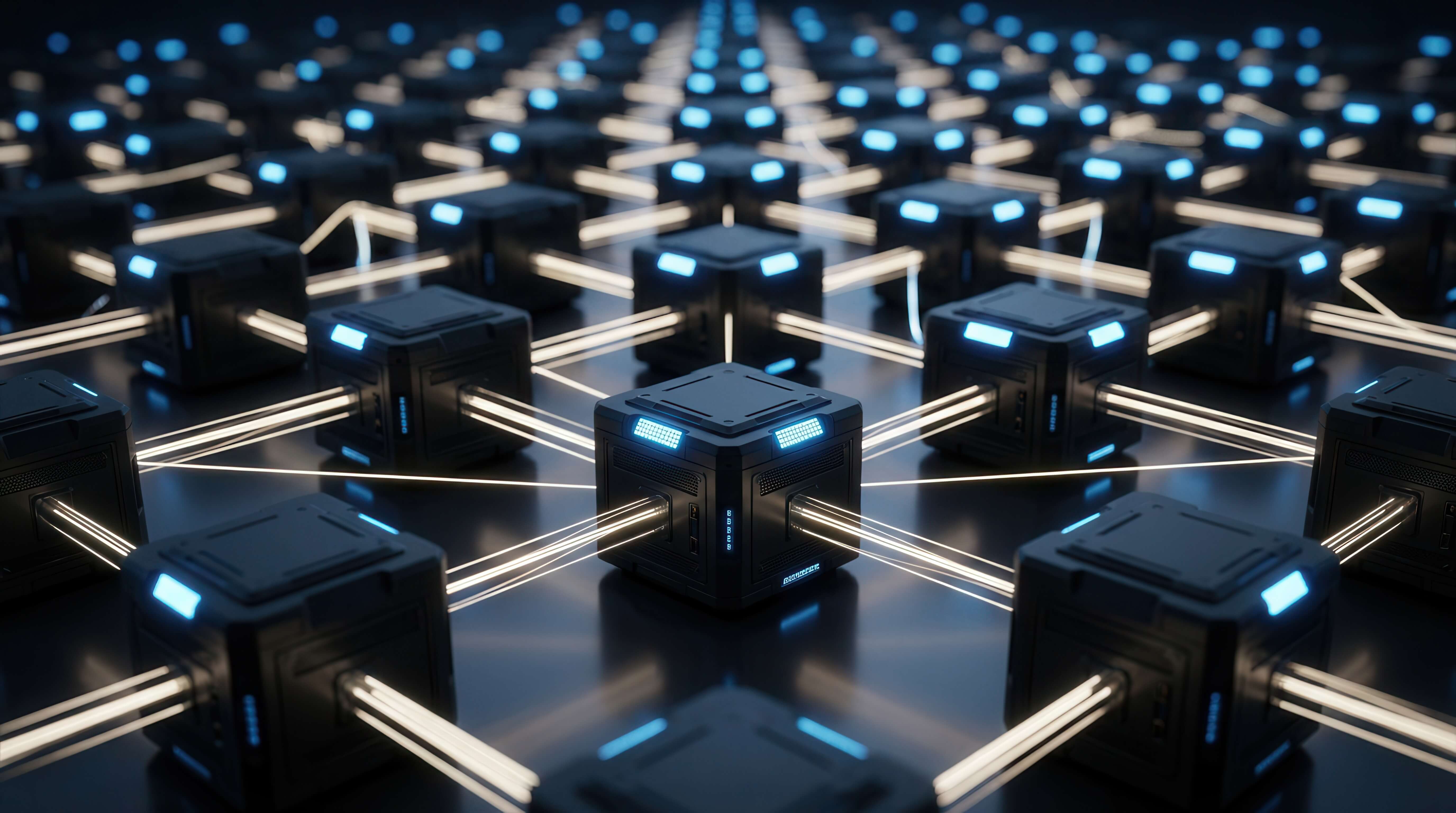 A networked node grid featuring illuminated connectors to symbolize an autonomous decision-making system and distributed AI coordination.