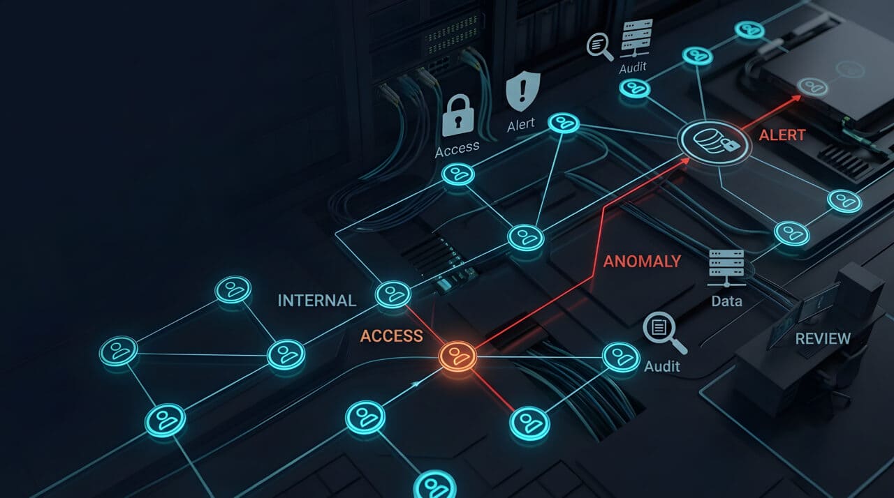 Cybersecurity network security and data protection for anomaly detection in server room. Threat monitoring, digital infrastructure and cyber attack prevention with information technology systems.