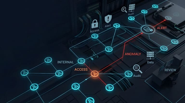 Cybersecurity network security and data protection for anomaly detection in server room. Threat monitoring, digital infrastructure and cyber attack prevention with information technology systems.