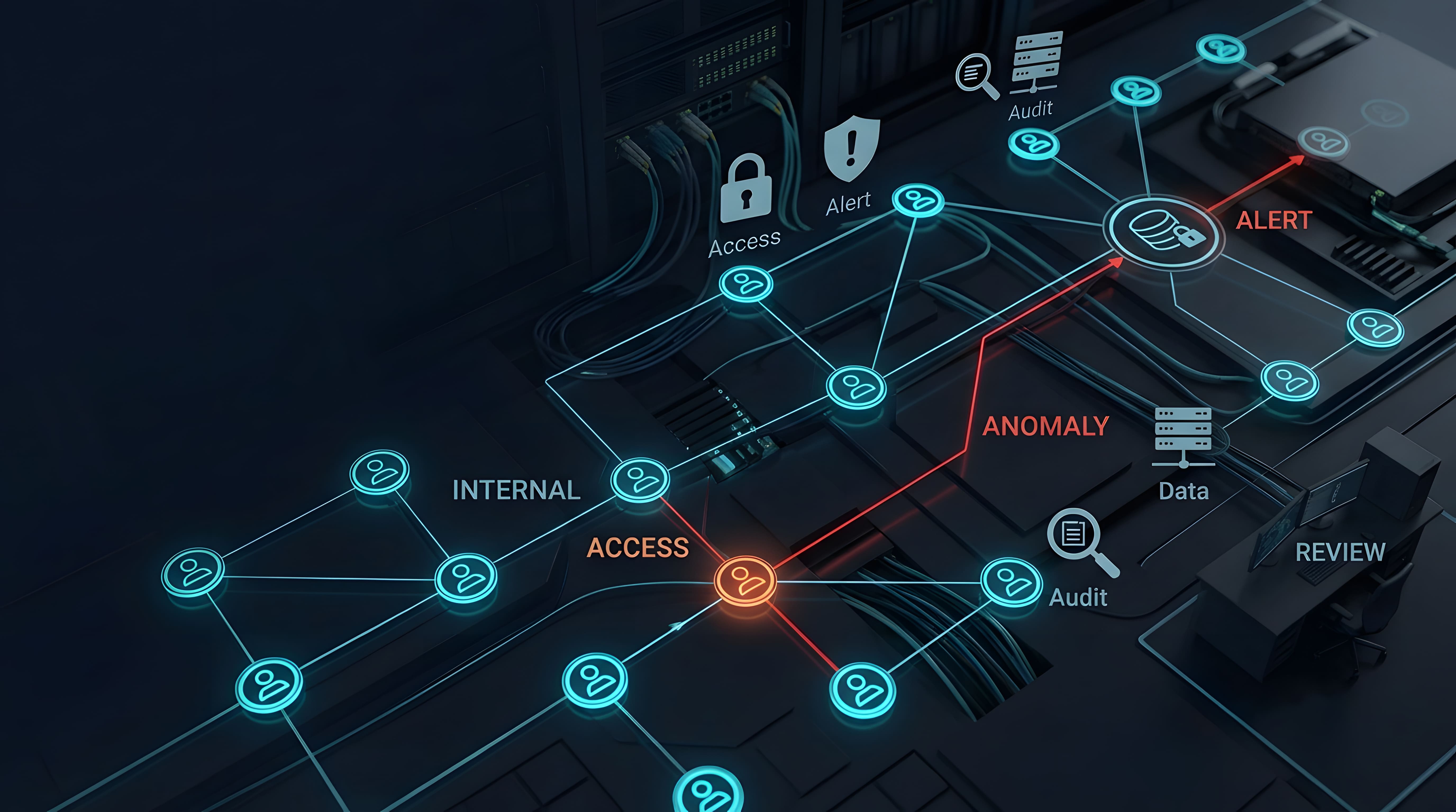 Cybersecurity network security and data protection for anomaly detection in server room. Threat monitoring, digital infrastructure and cyber attack prevention with information technology systems.