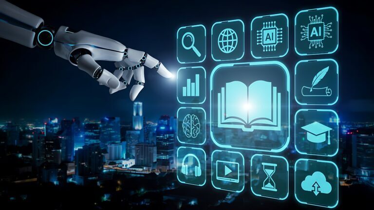 Robot Hand Touching Digital Education Interface With Learning Icons For Artificial Intelligence Powered E-learning And Online Study Concept
