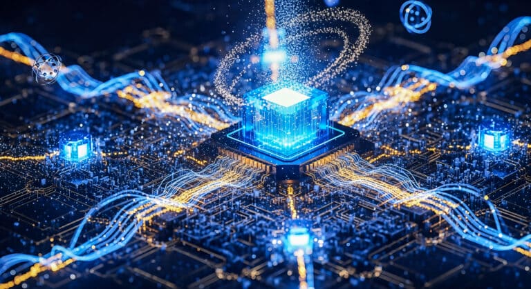 futuristic quantum computer processor chip glowing blue particles energy flow circuit board background artificial intelligence technology science digital data concept