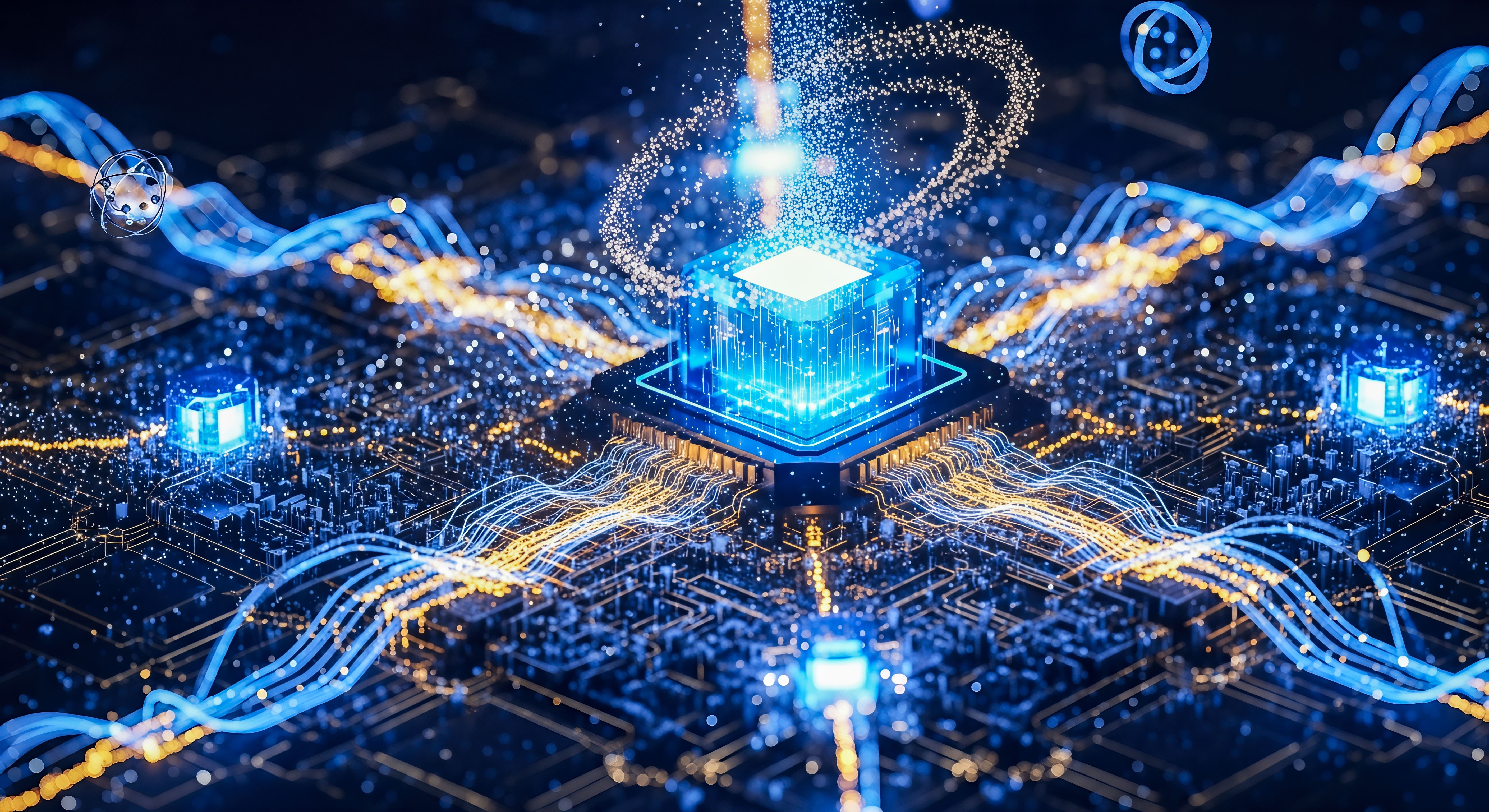 futuristic quantum computer processor chip glowing blue particles energy flow circuit board background artificial intelligence technology science digital data concept
