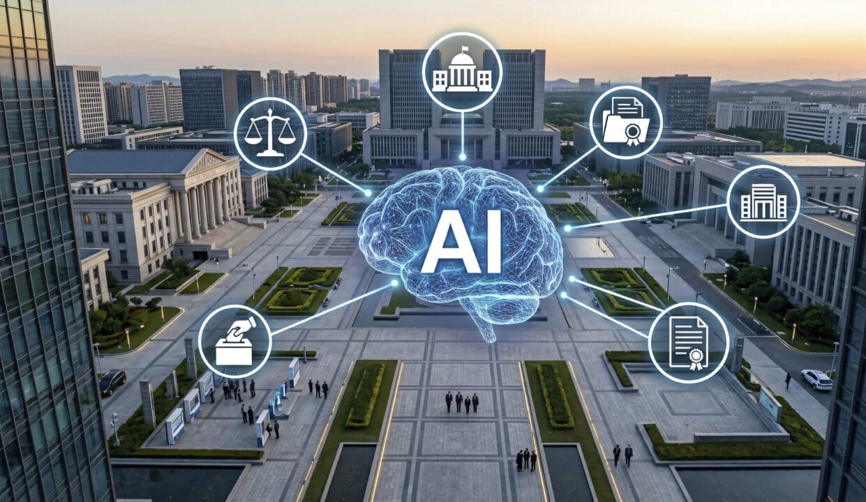 Artificial Intelligence in Government, Legal, and Public Administration Concept with AI Brain Overlay Connecting Courthouse, Voting, Policy, and Certificate Icons