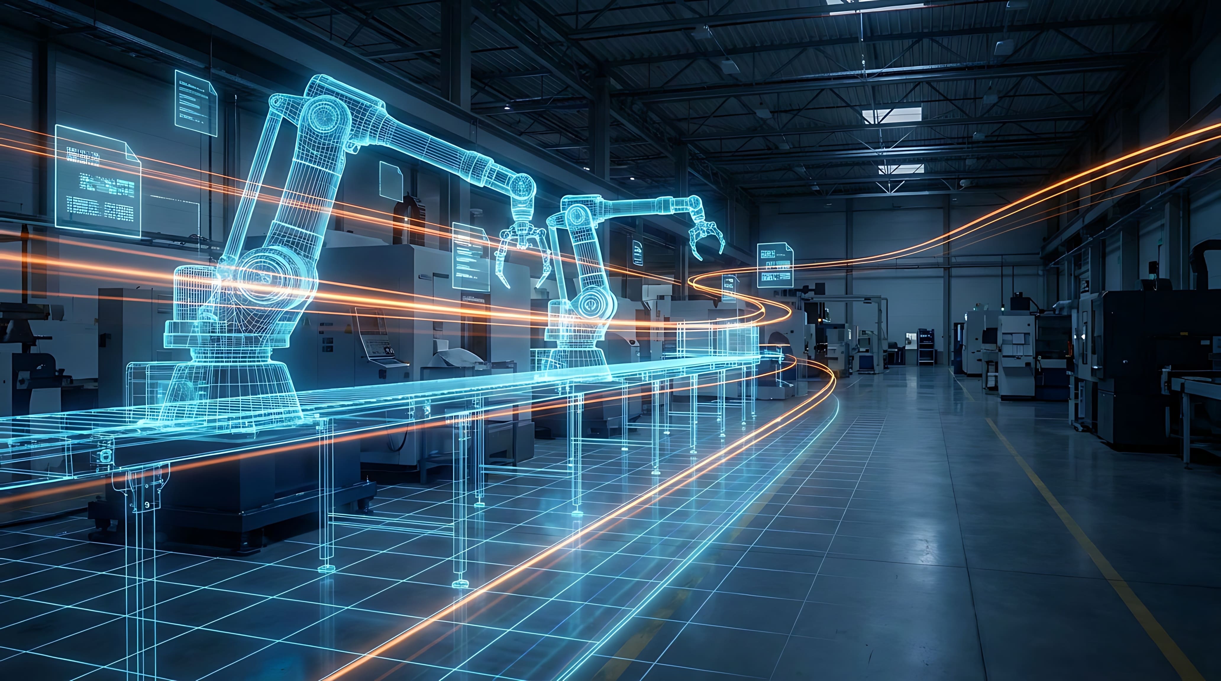 Futuristic factory automation with glowing digital wireframe robotic arms on production line, advanced manufacturing technology, industrial innovation, smart factory concept.